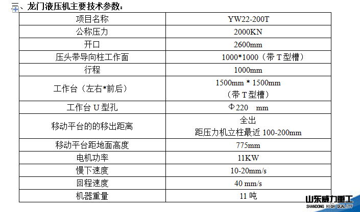 龙门液压机技术参数